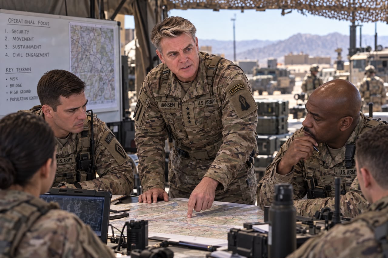 Military field briefing around a map